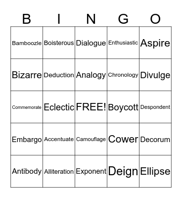 Freshman Vocabulary Bingo Card