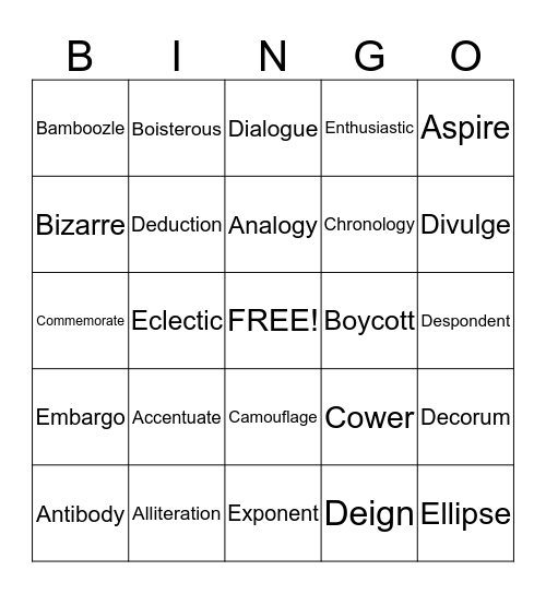 Freshman Vocabulary Bingo Card