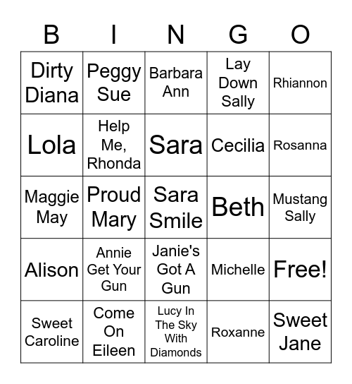 Songs With Female Names In The Title Bingo Card