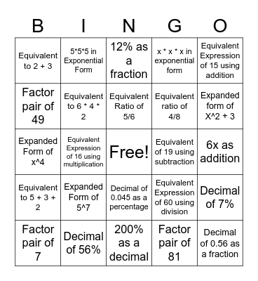 Equivalent Expressions Bingo Card