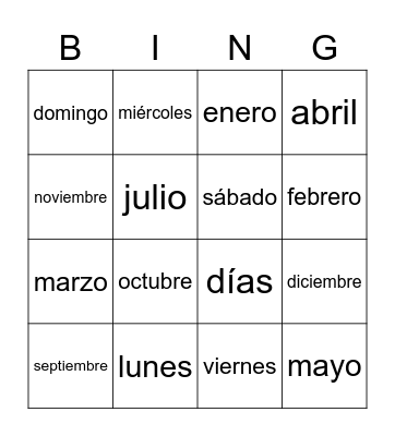 Días y meses Bingo Card