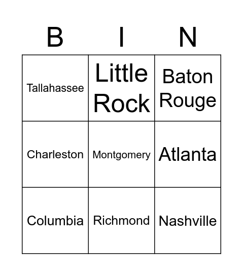 Southeast Region States and Capitals Bingo Card
