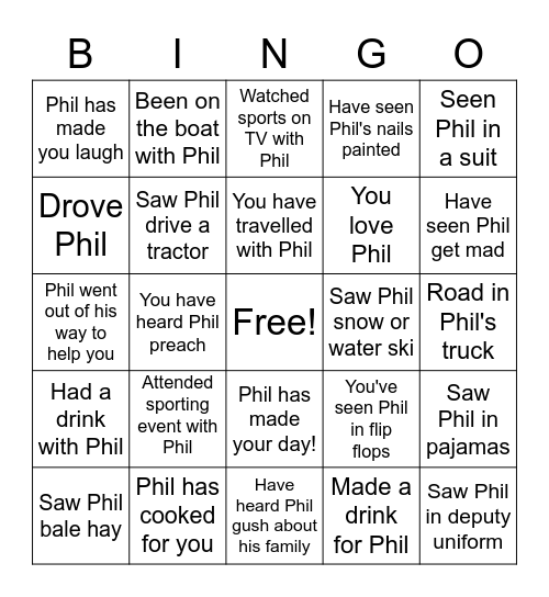 Phil's Birthday BINGO Card