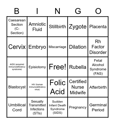 Pregnancy, Prenatal and Birth Bingo Card