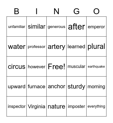 The /er/ sound Bingo Card