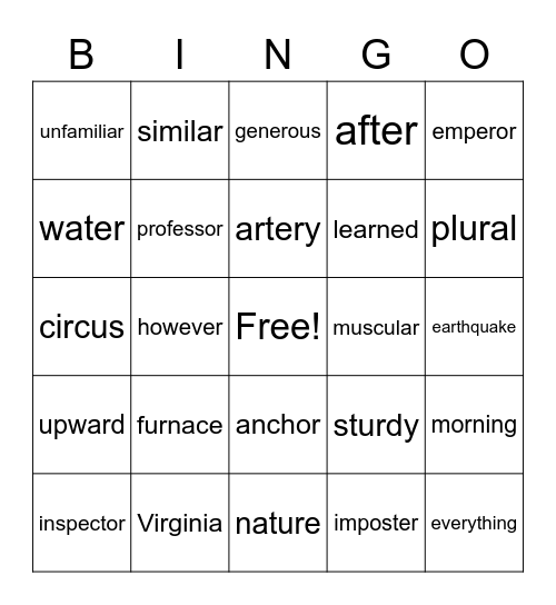 The /er/ sound Bingo Card