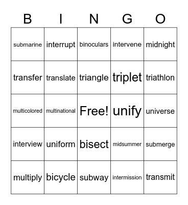 Number and Location Prefixes Bingo Card