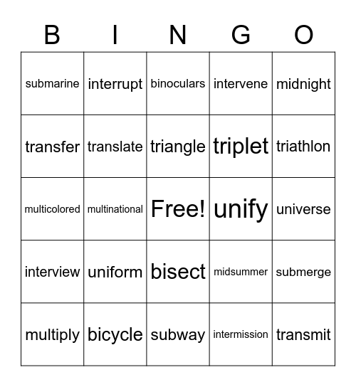 Number and Location Prefixes Bingo Card