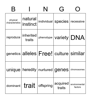 Genetics & Heredity Vocabulary Bingo Card