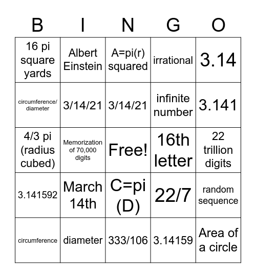 PI Day Bingo Card