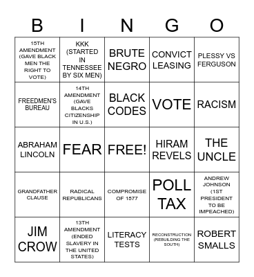 RECONSTRUCTION (REBUILDING THE SOUTH) Bingo Card