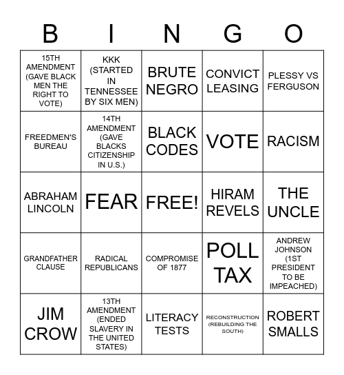 RECONSTRUCTION (REBUILDING THE SOUTH) Bingo Card