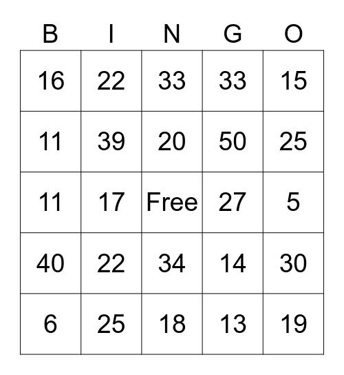 Number Bingo 1-75 Bingo Card