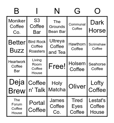 San Diego Coffee Shops Bingo Card