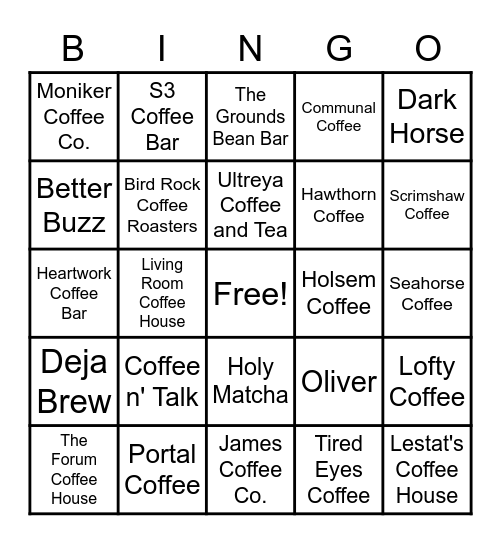 San Diego Coffee Shops Bingo Card
