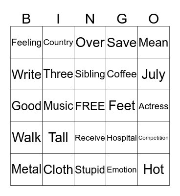 Analogy Bingo Card