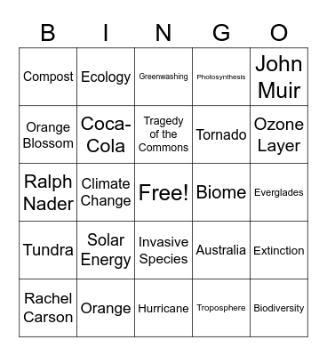 Environmental Club Bingo Card