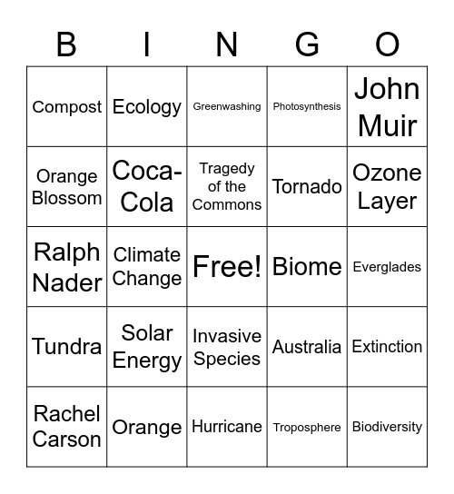 Environmental Club Bingo Card