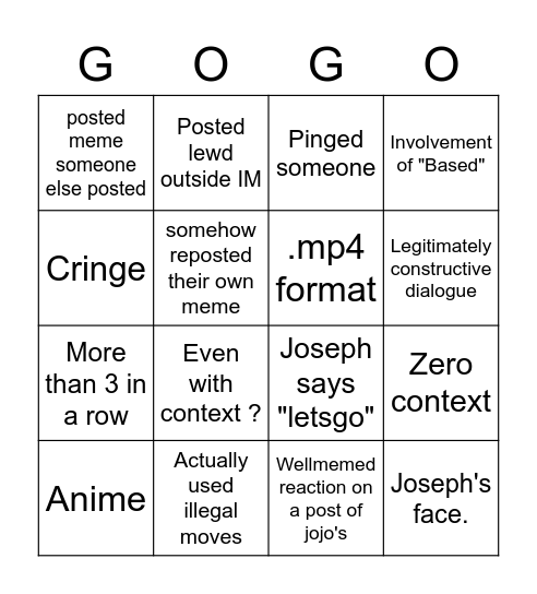 Josephposting Bingo Card
