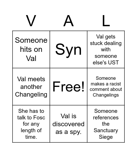 Val's Terrible Horrible No Good Very Bad Night Bingo Card