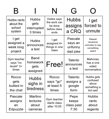 School Bingo Card