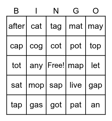 G1 Set 1 Bingo Card