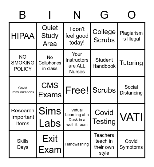 NURSING SCHOOL BINGO Card