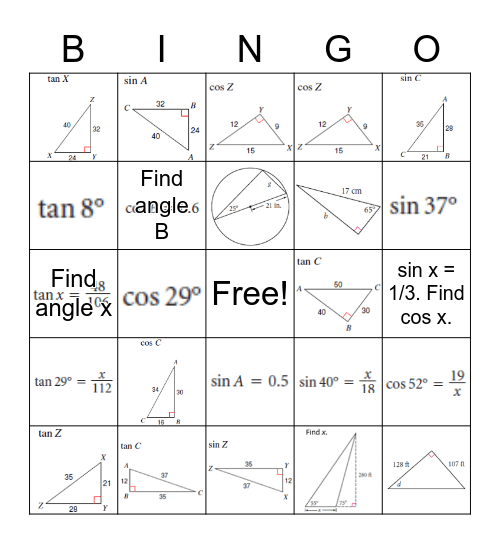 Trig - find missing sides or angles Bingo Card