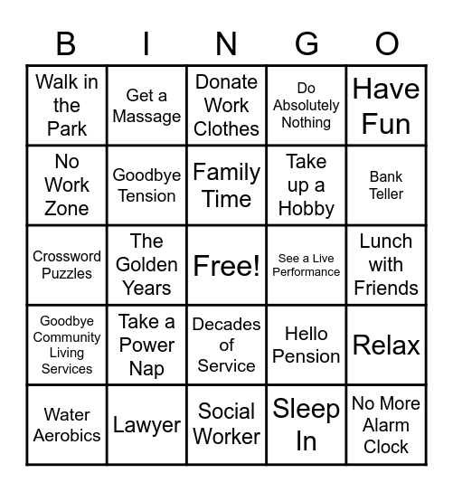 Retirement Bingo Card