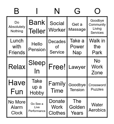 Retirement Bingo Card