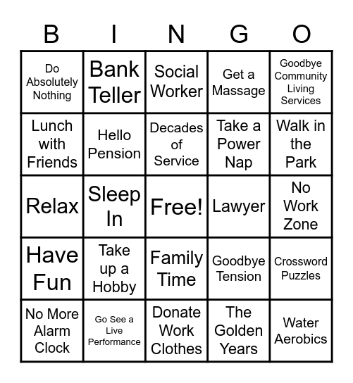 Retirement Bingo Card