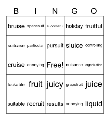 Words containing  (ui) oo Bingo Card