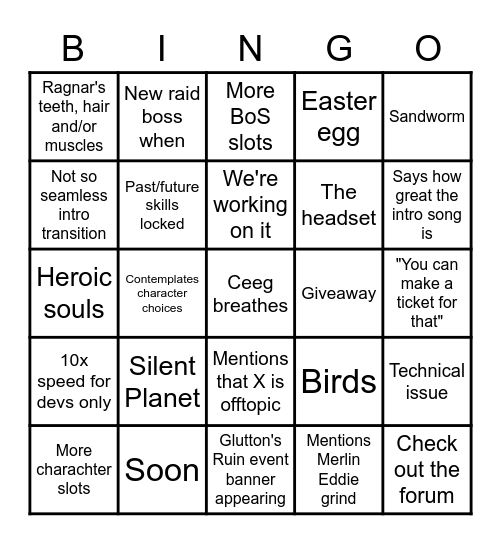 March 15 LOTB stream Bingo Card