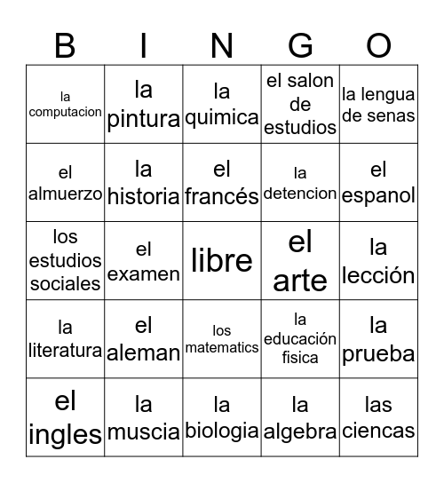 Spanish Bingo Card