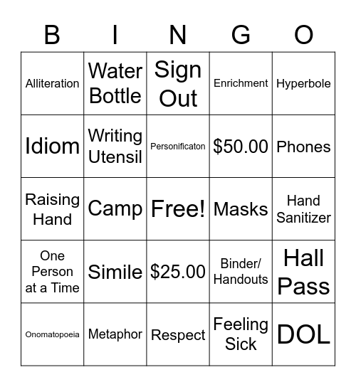 Figurative Language/Rules Bingo Card