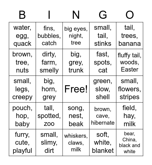 guess the animal Bingo Card