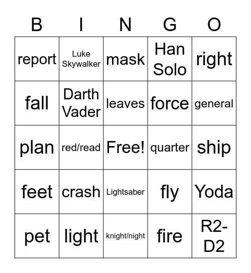 Star Wars Multiple Meaning Bingo Card