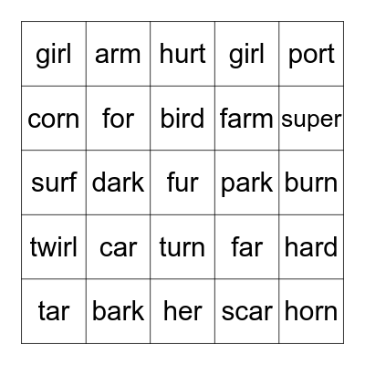 R-Controlled Vowels Bingo Card