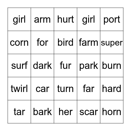 R-Controlled Vowels Bingo Card