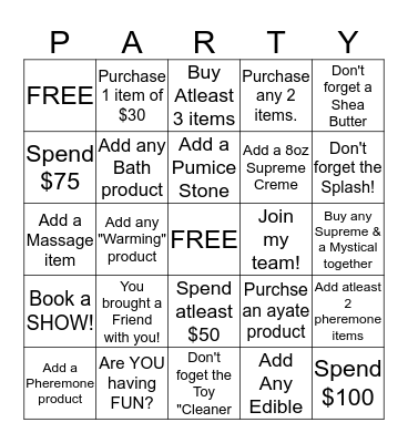 Athena's Party Bingo Card