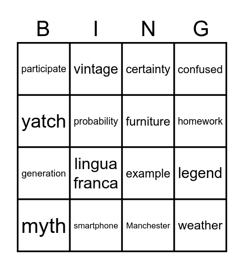 Spelling Bingo Card