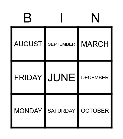 MONTHS AND DAYS Bingo Card