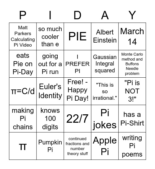 PI-DAY Bingo Card