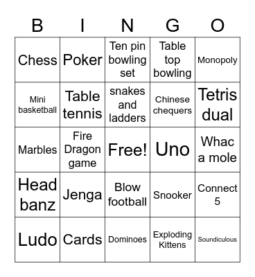 Table top Games Bingo Card