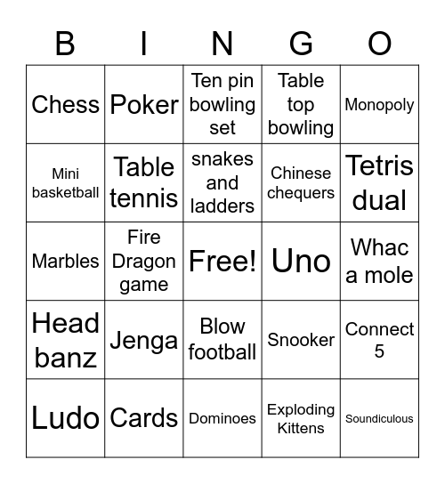 Table top Games Bingo Card