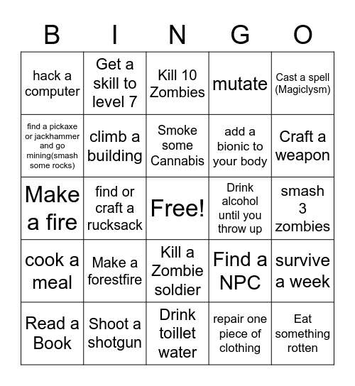 CDDA Bingo Card