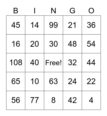 Multiplication Bingo Card