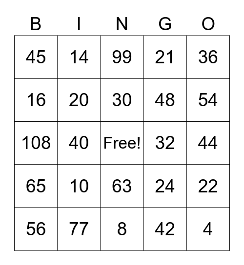 Multiplication Bingo Card