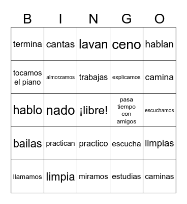 AR verb conjugations Bingo Card