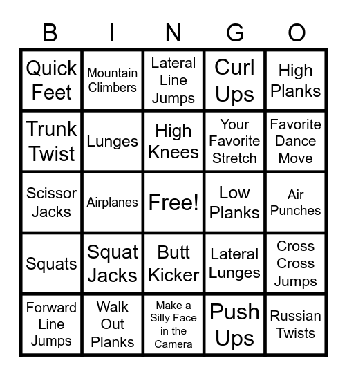 Fitness Bingo Card